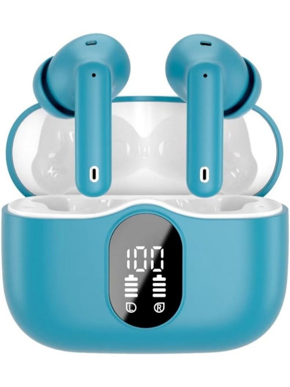 Wireless Ice Blue Bass Stereo Noise Cancelling Mic LED Display Bluetooth Earbud